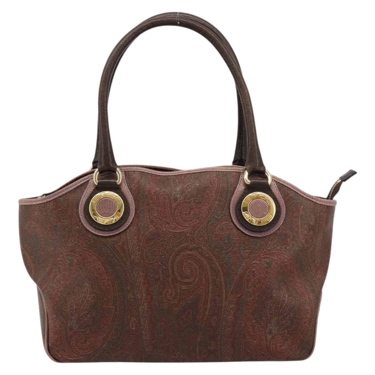 ETRO Hand Bag PVC Leather Brown Gold Auth 183273A