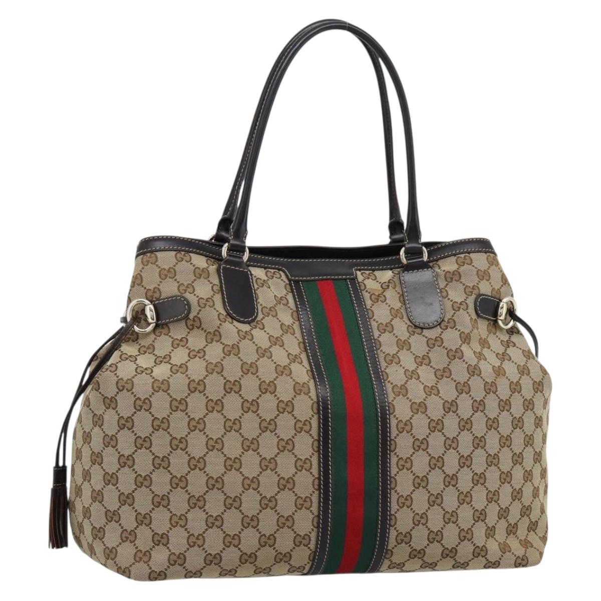 GUCCI GG Canvas Web Sherry Line Tote Bag Beige Gold Red 232969 Auth 183296