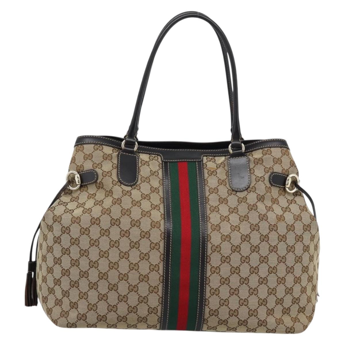 GUCCI GG Canvas Web Sherry Line Tote Bag Beige Gold Red 232969 Auth 183296