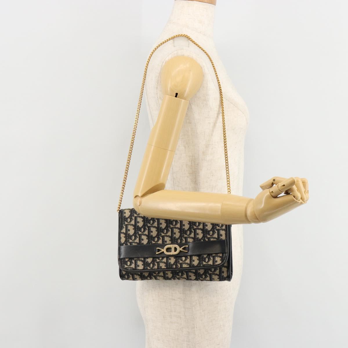 Christian Dior Trotter Canvas Chain Shoulder Bag Navy Gold Auth 183318A