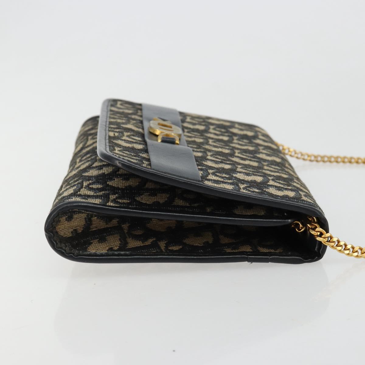 Christian Dior Trotter Canvas Chain Shoulder Bag Navy Gold Auth 183318A