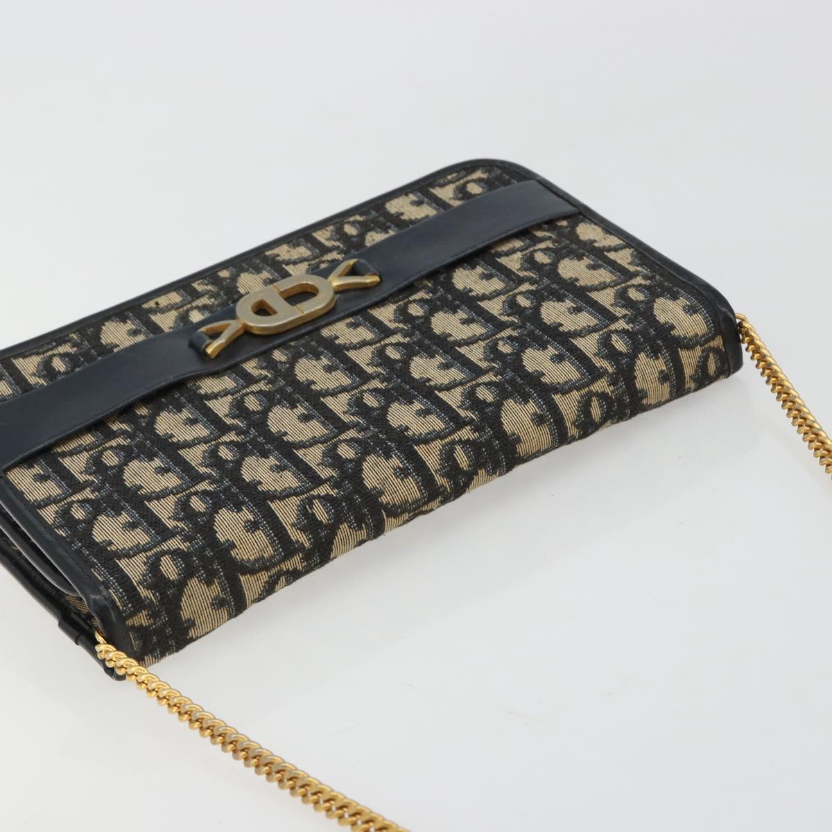 Christian Dior Trotter Canvas Chain Shoulder Bag Navy Gold Auth 183318A
