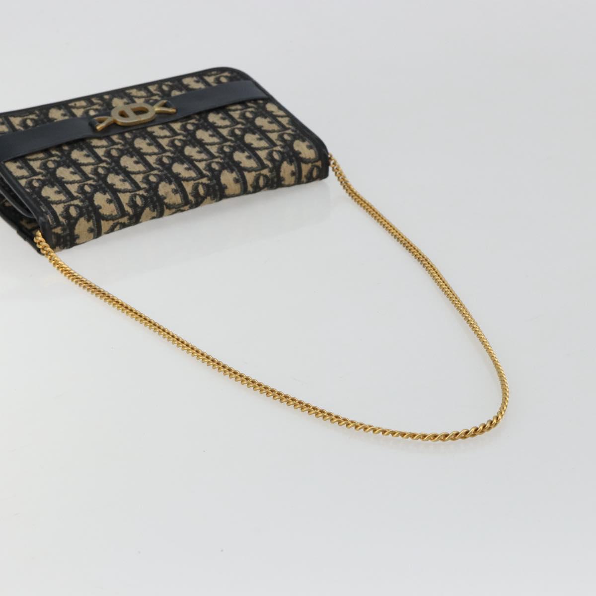 Christian Dior Trotter Canvas Chain Shoulder Bag Navy Gold Auth 183318A
