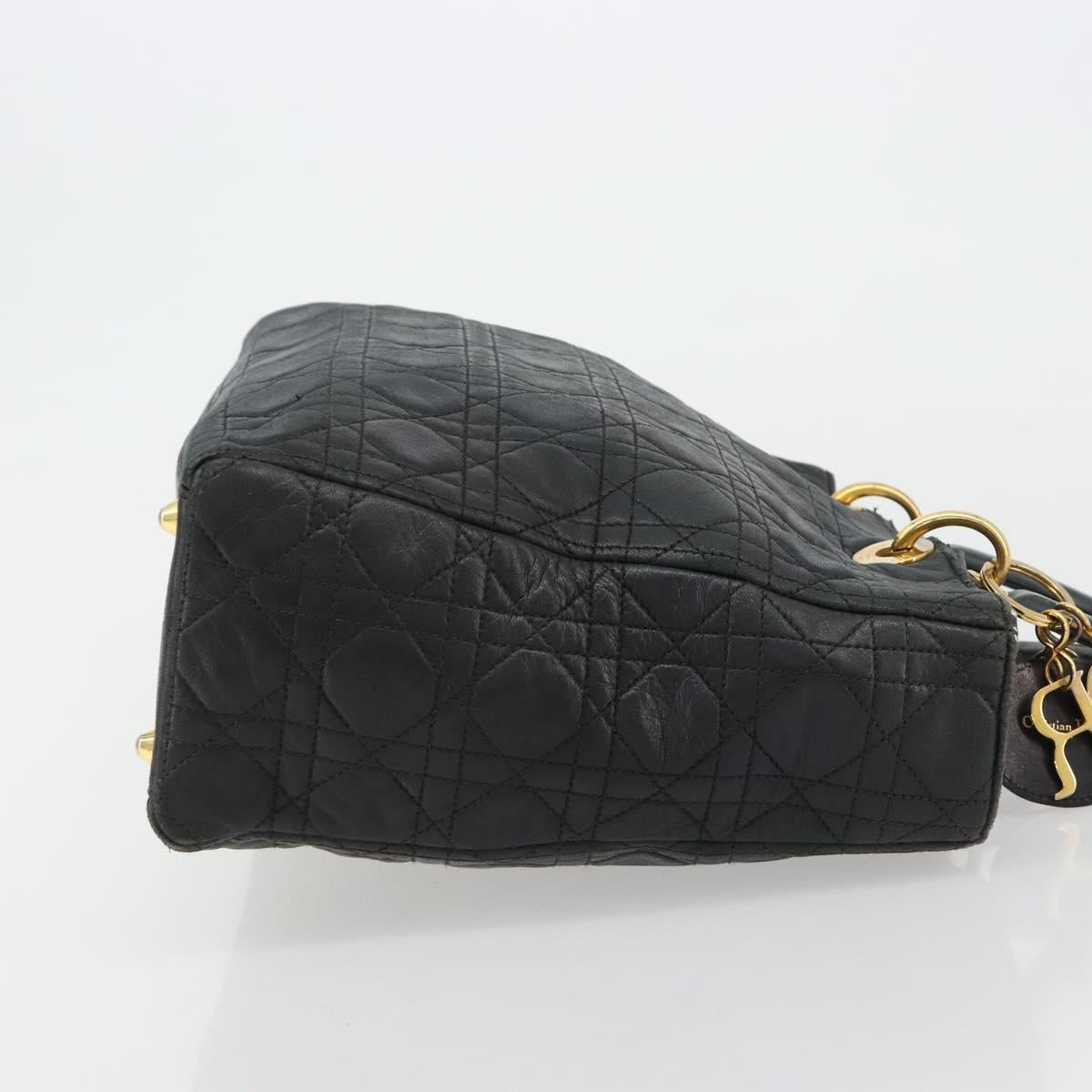 Christian Dior Canage Lady Dior Hand Bag Lamb Skin Black Gold Auth 183319