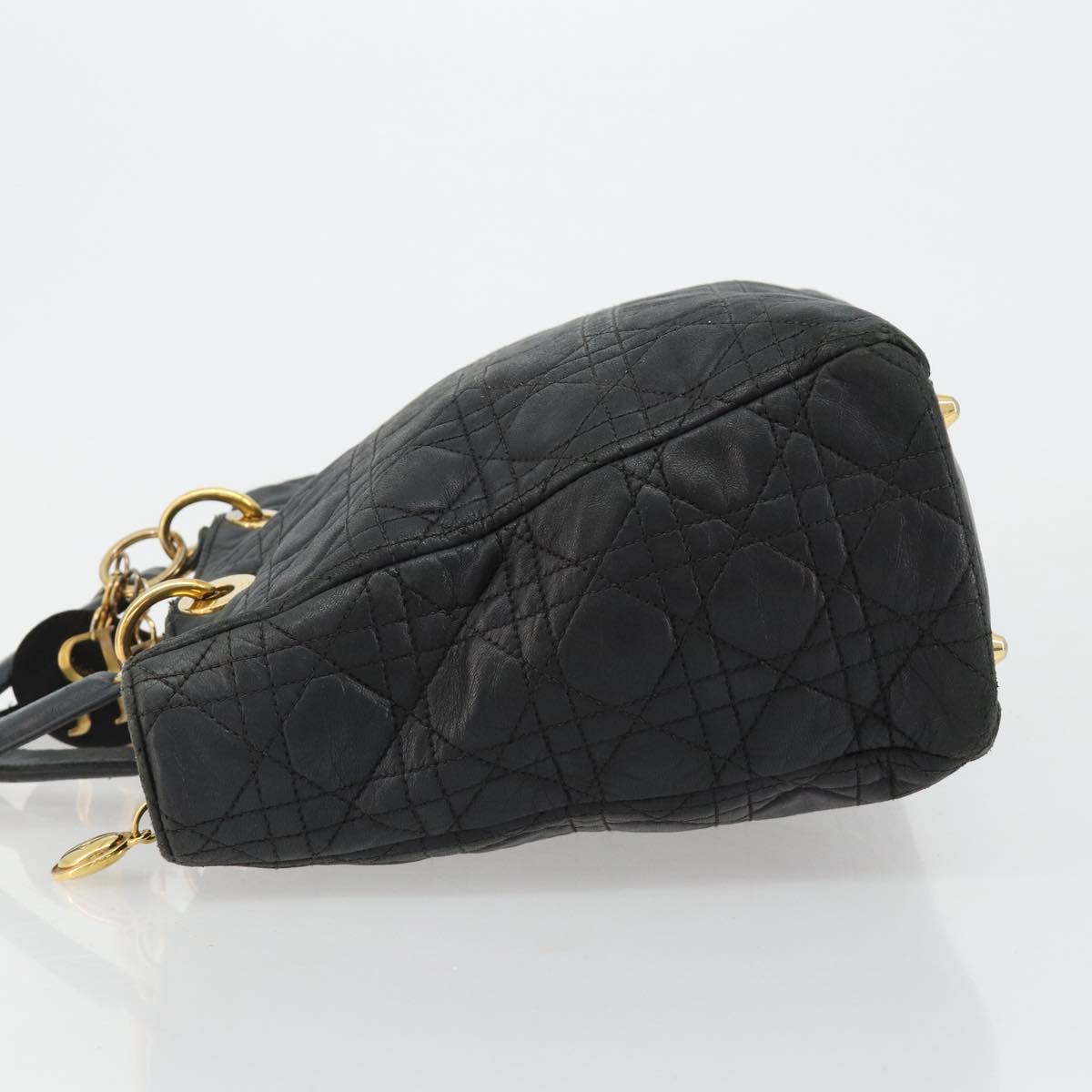 Christian Dior Canage Lady Dior Hand Bag Lamb Skin Black Gold Auth 183319