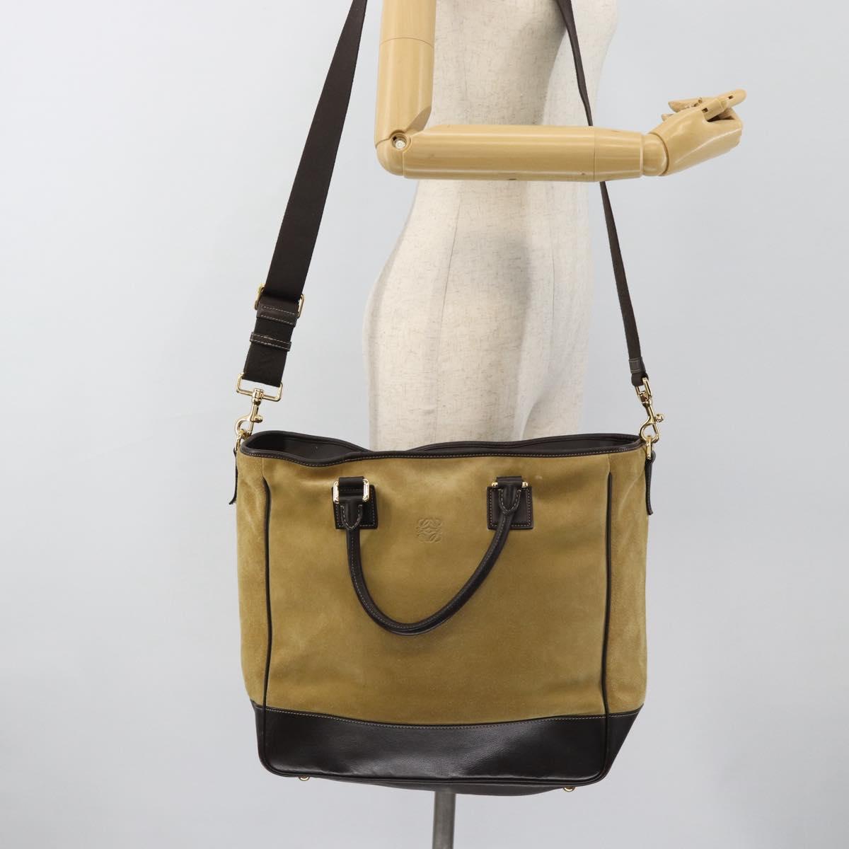 LOEWE Anagram Hand Bag Suede 2way Beige Gold Auth 183333