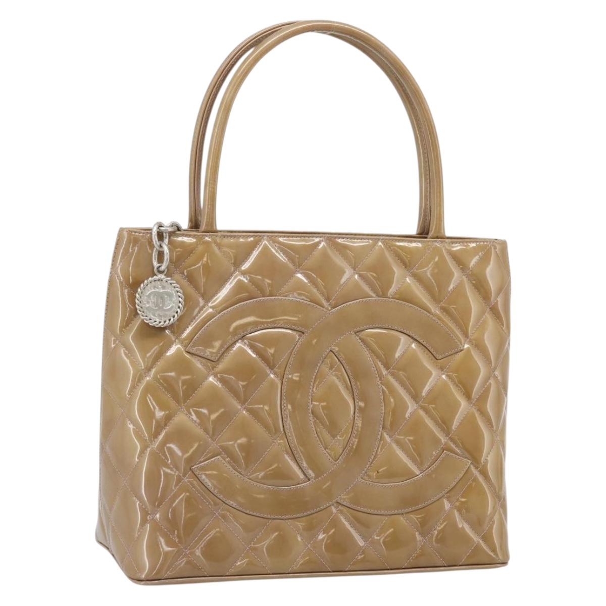 CHANEL Standard Tote Bag Patent leather Gold Silver CC Auth 183335A