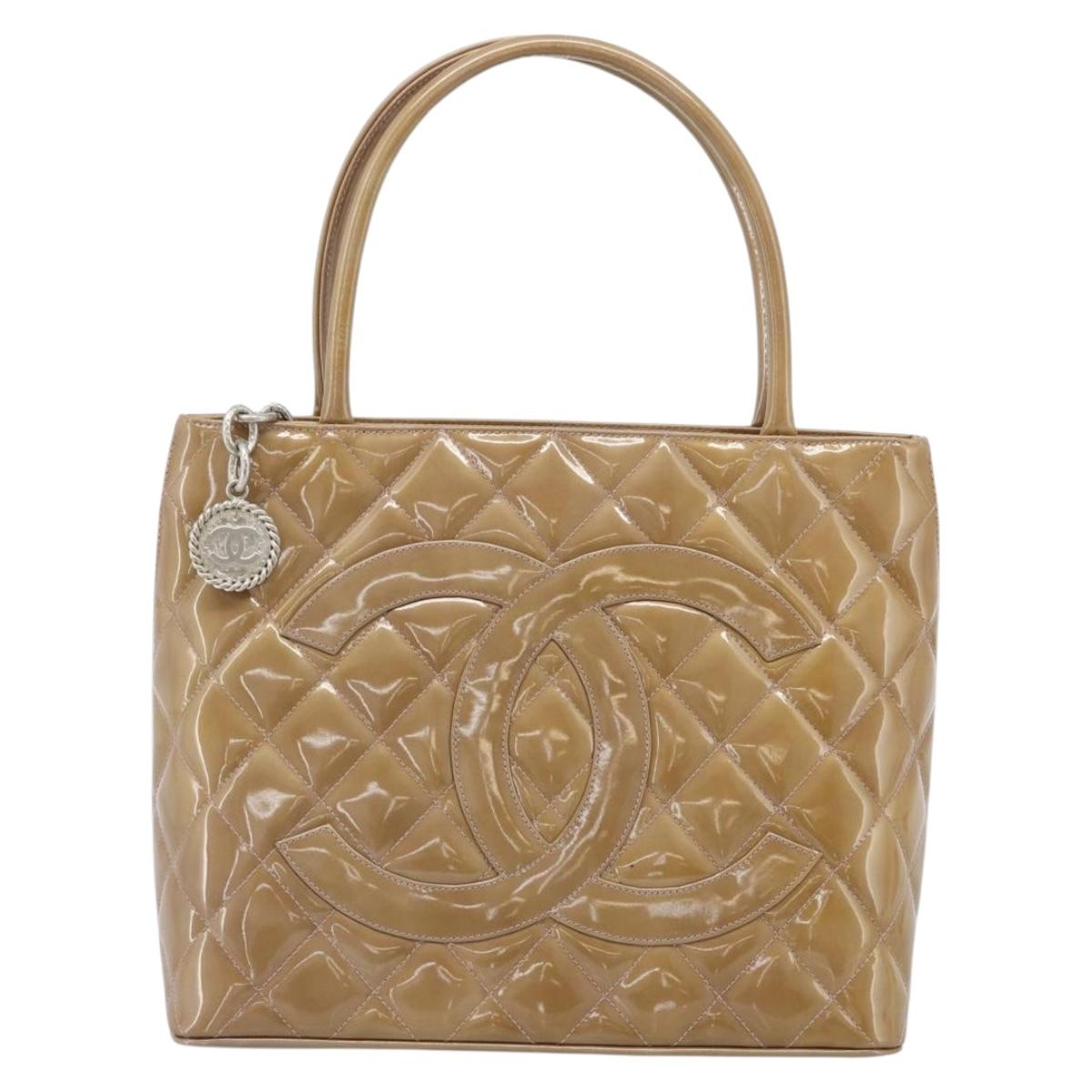 CHANEL Standard Tote Bag Patent leather Gold Silver CC Auth 183335A