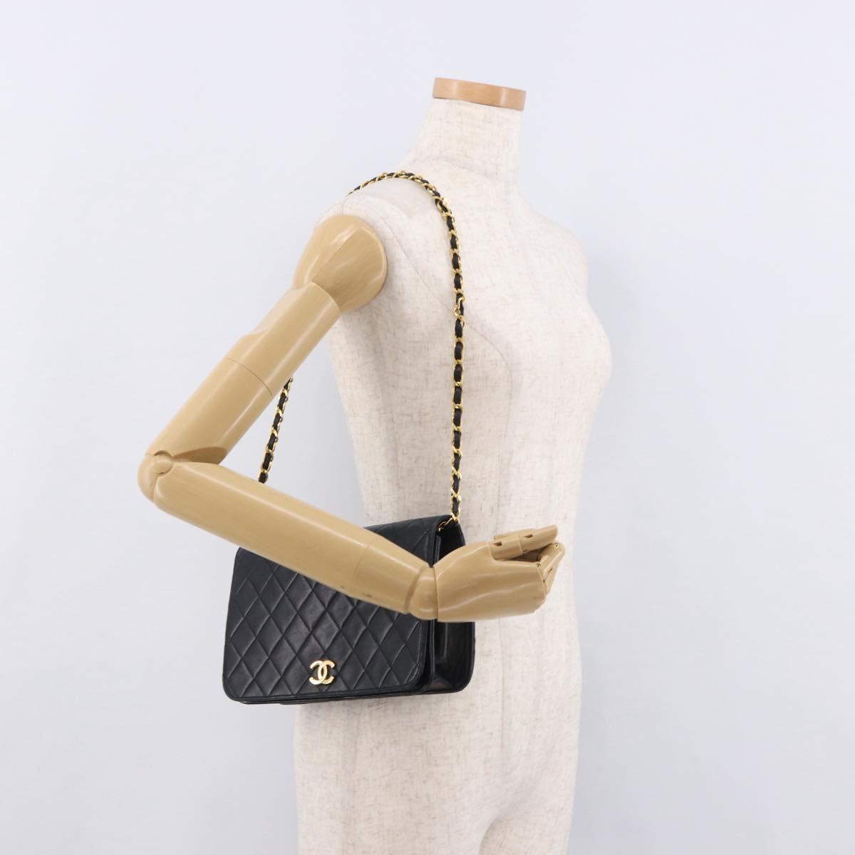 CHANEL Matelasse Chain Shoulder Bag Lamb Skin Black Gold CC Auth 183342