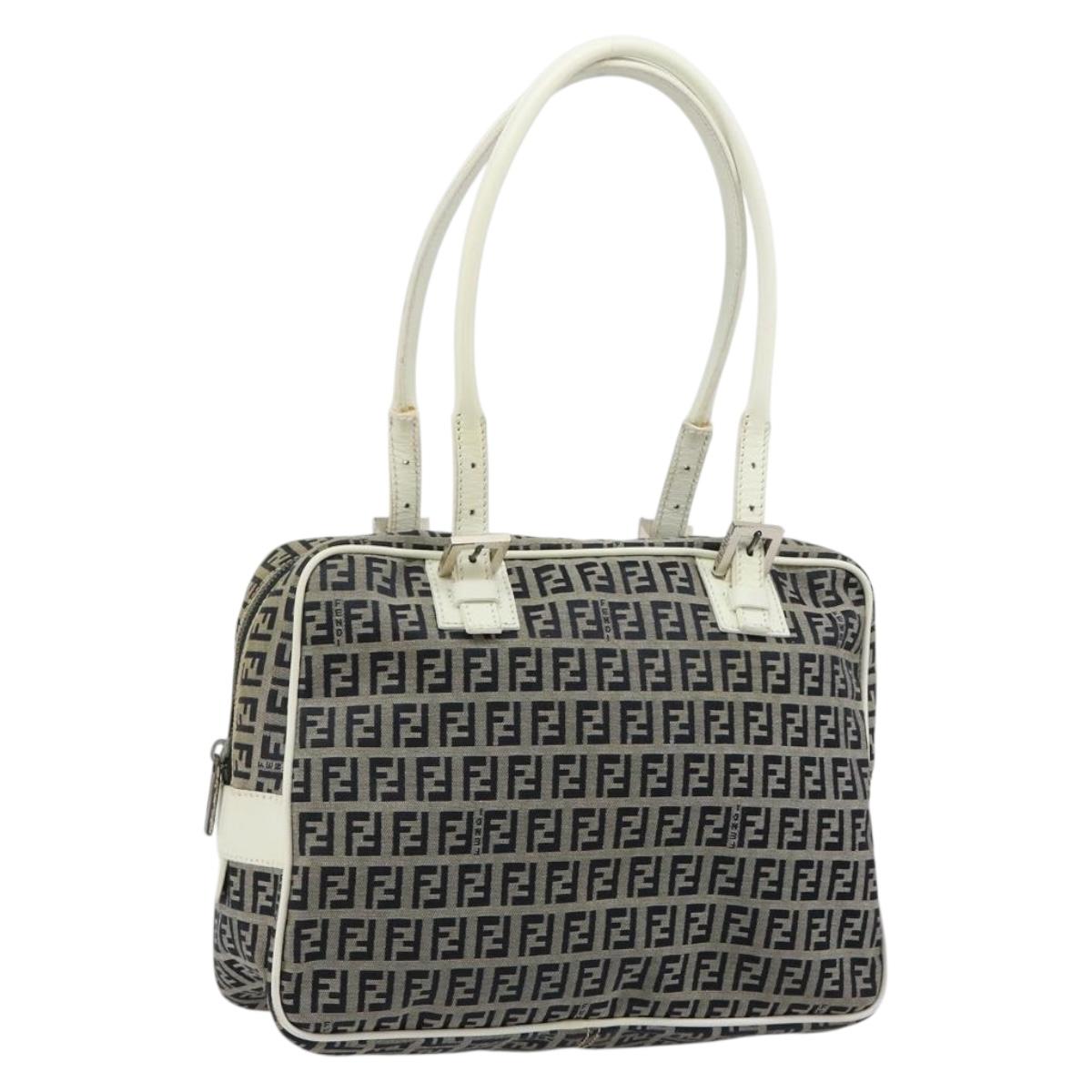 FENDI Zucchino Canvas Hand Bag Navy Silver Auth 183354A