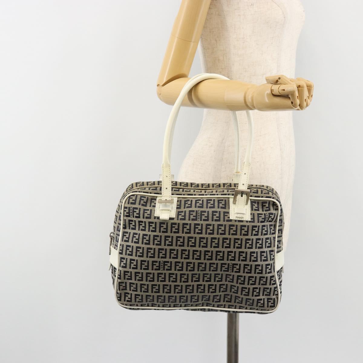 FENDI Zucchino Canvas Hand Bag Navy Silver Auth 183354A