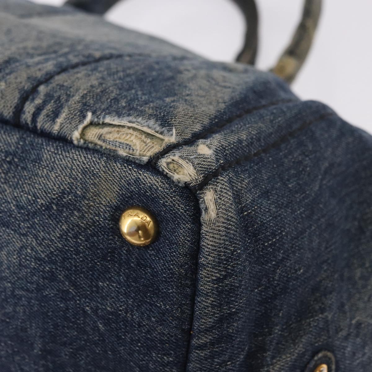 PRADA Canapa MM Hand Bag Denim Blue Gold Auth 183358