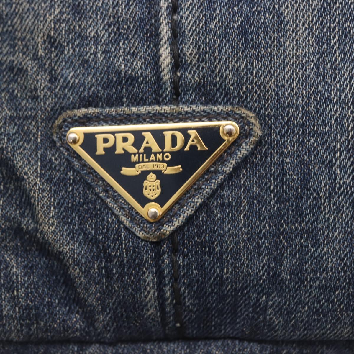 PRADA Canapa MM Hand Bag Denim Blue Gold Auth 183358