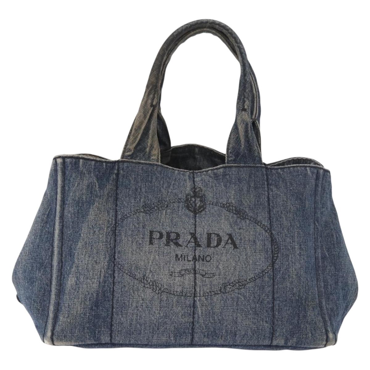 PRADA Canapa MM Hand Bag Denim Blue Gold Auth 183358