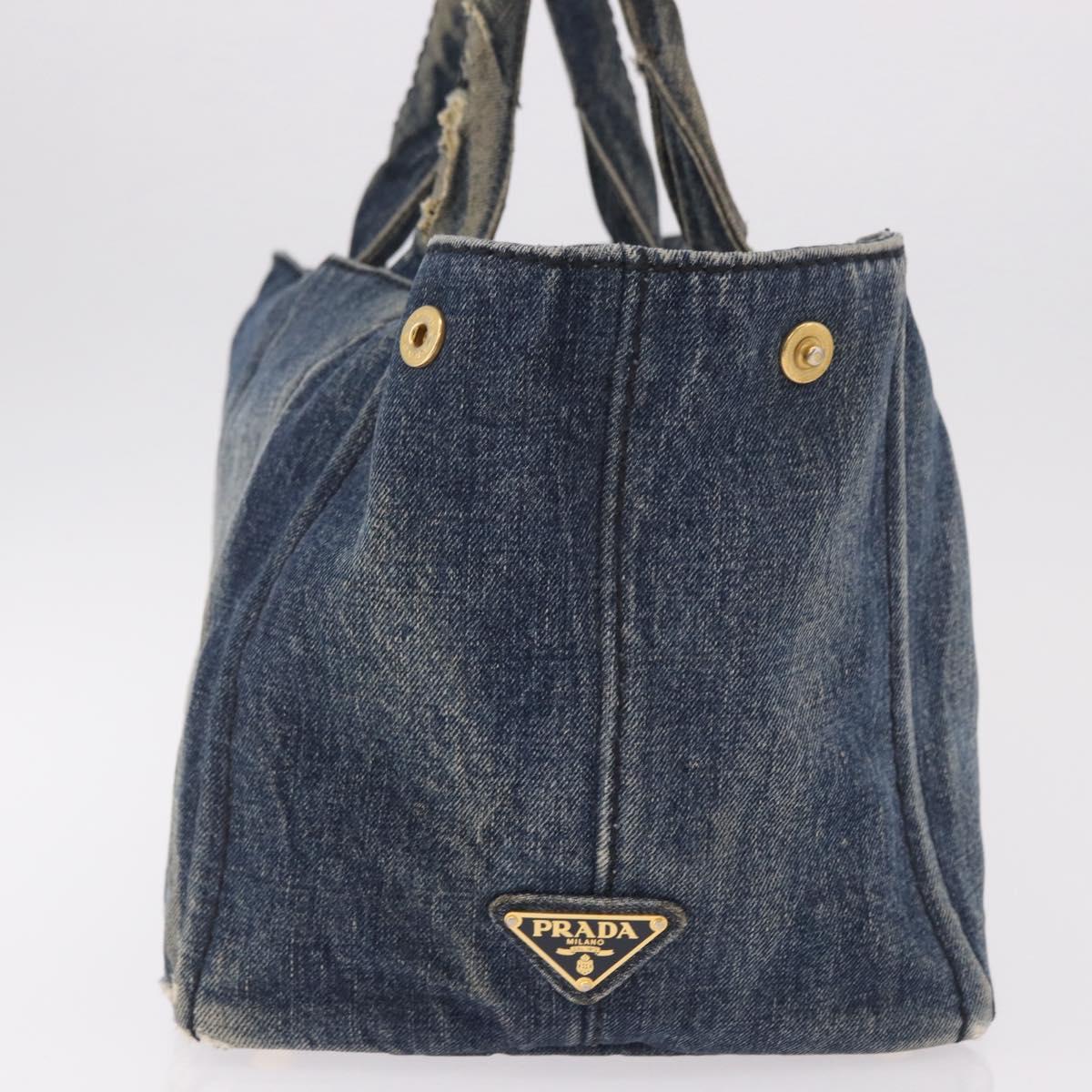 PRADA Canapa MM Hand Bag Denim Blue Gold Auth 183358