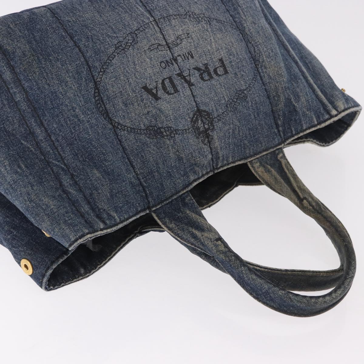 PRADA Canapa MM Hand Bag Denim Blue Gold Auth 183358