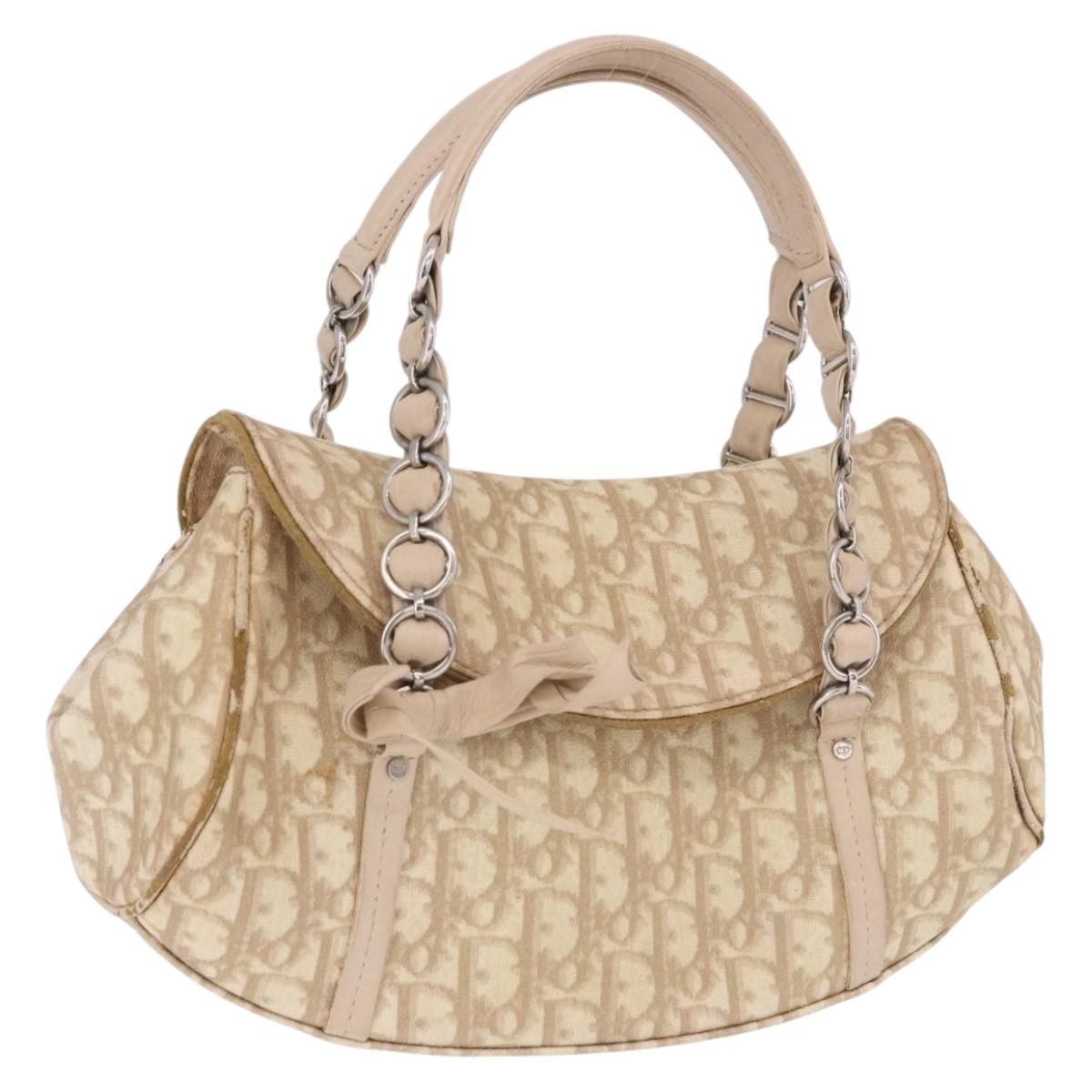 Christian Dior Trotter Canvas Chain Hand Bag PVC Beige Silver Auth 183359A