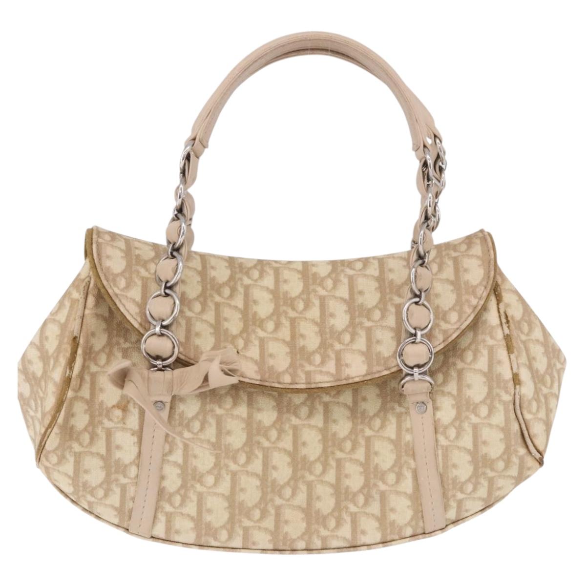 Christian Dior Trotter Canvas Chain Hand Bag PVC Beige Silver Auth 183359A