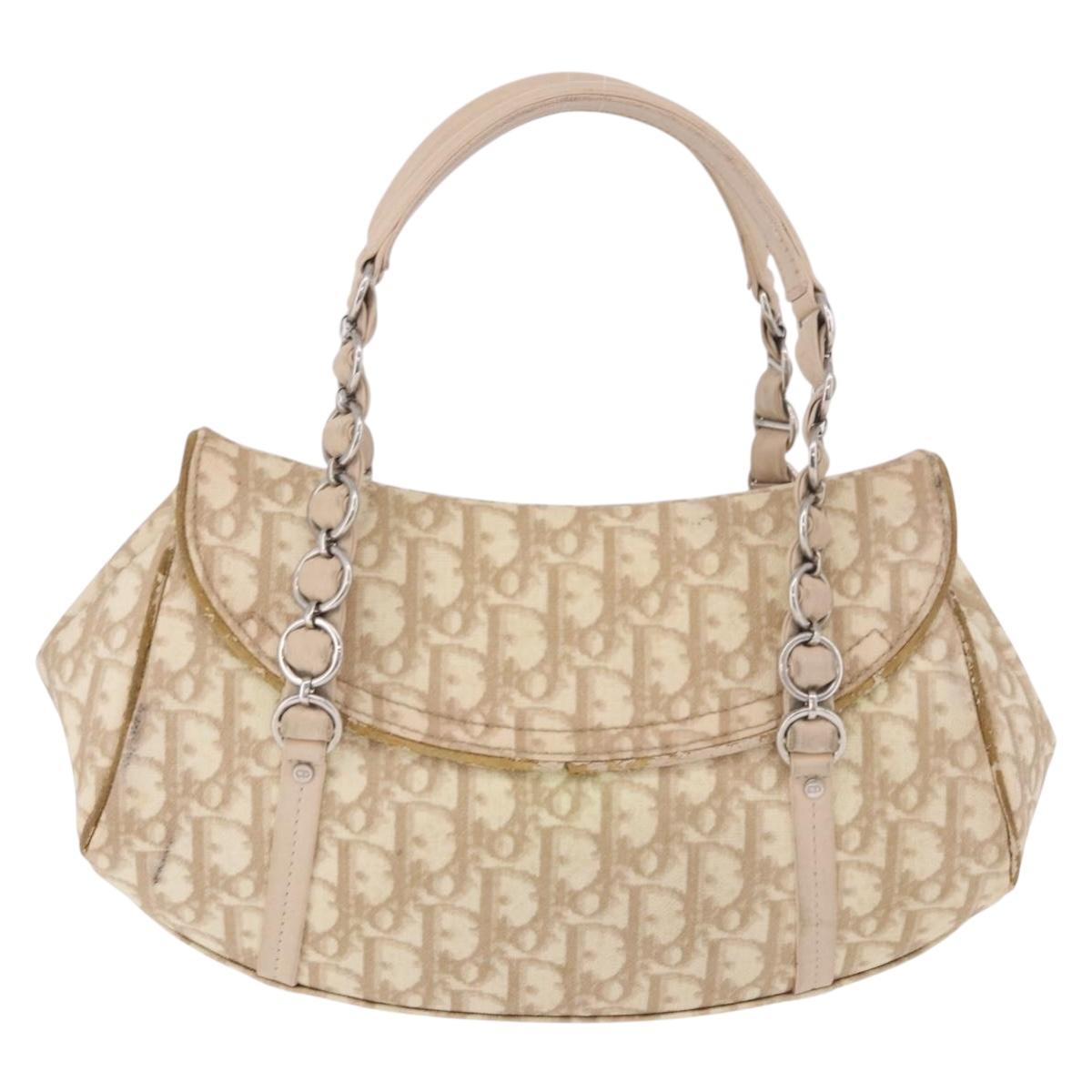 Christian Dior Trotter Canvas Chain Hand Bag PVC Beige Silver Auth 183359A