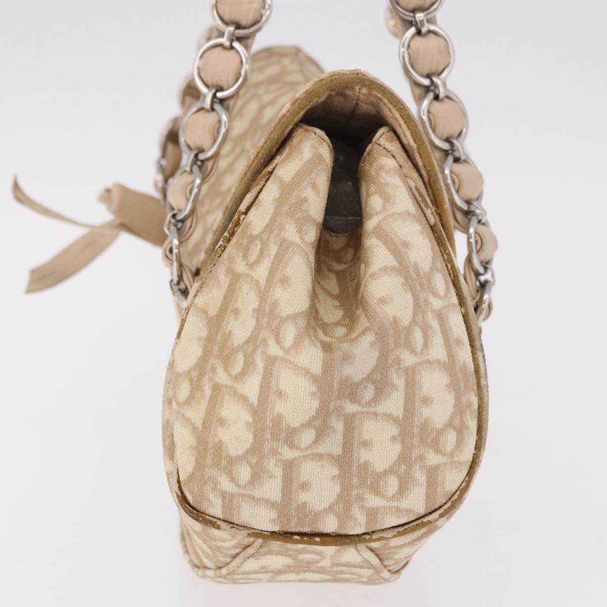 Christian Dior Trotter Canvas Chain Hand Bag PVC Beige Silver Auth 183359A