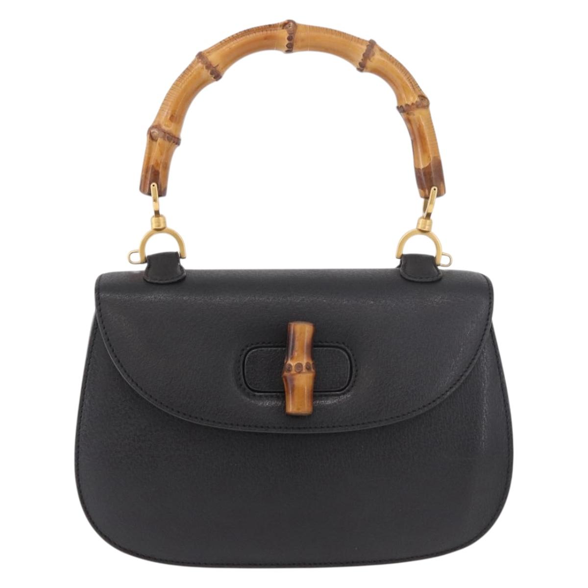 GUCCI Bamboo Hand Bag Leather Black Gold Auth 183361V
