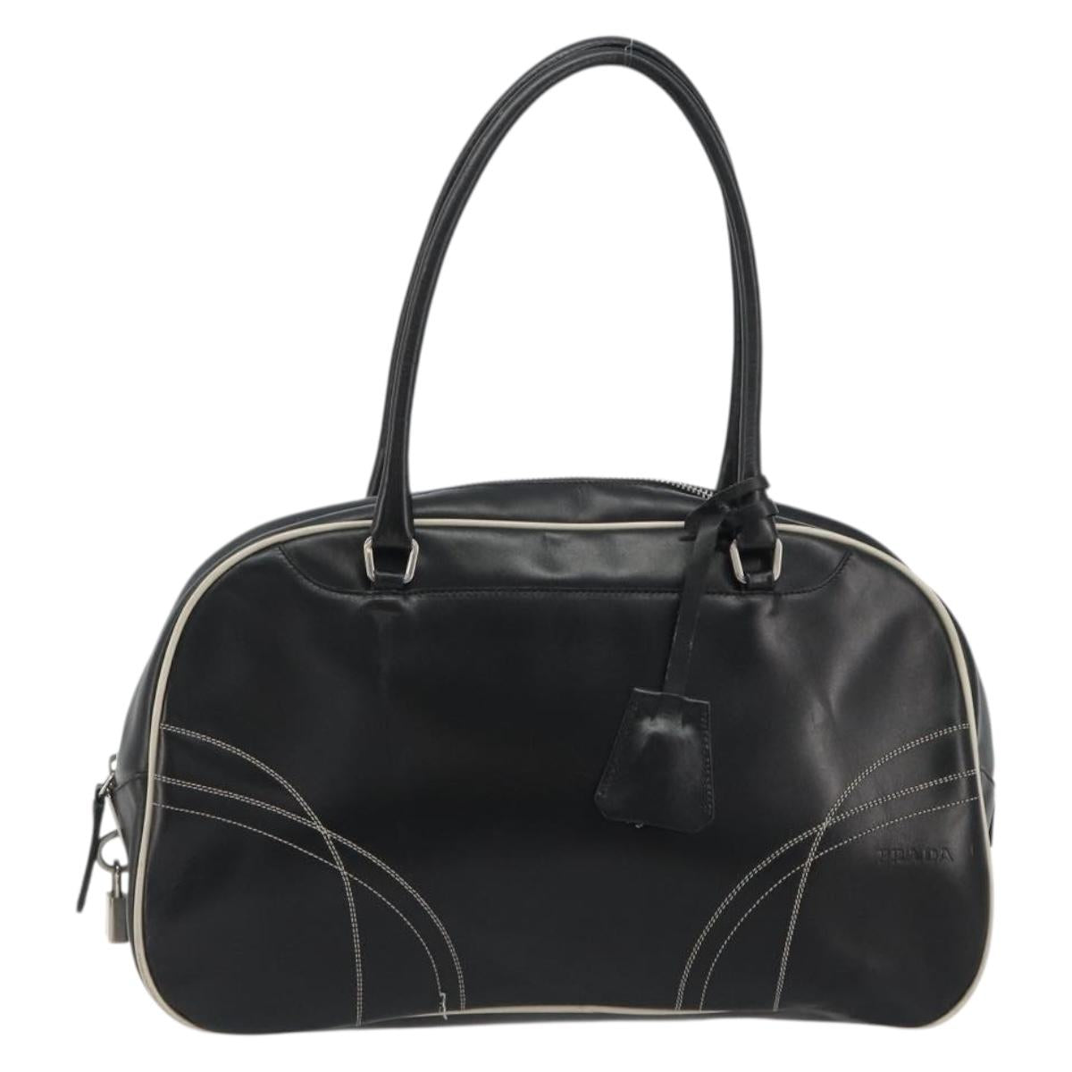 PRADA Hand Bag Leather Black Silver Auth 183362V