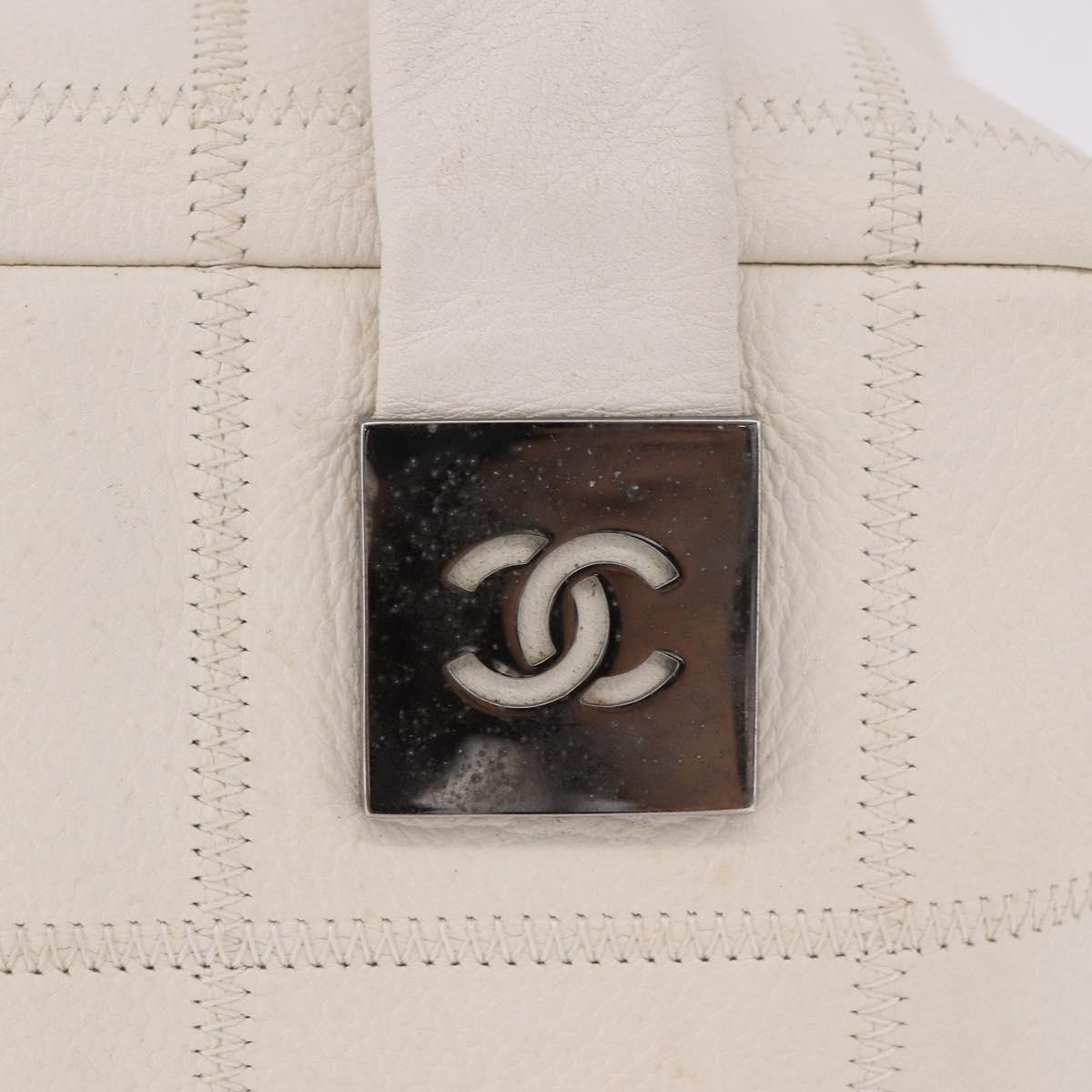 CHANEL Choco Bar Hand Bag Lamb Skin White Silver CC Auth 183371A