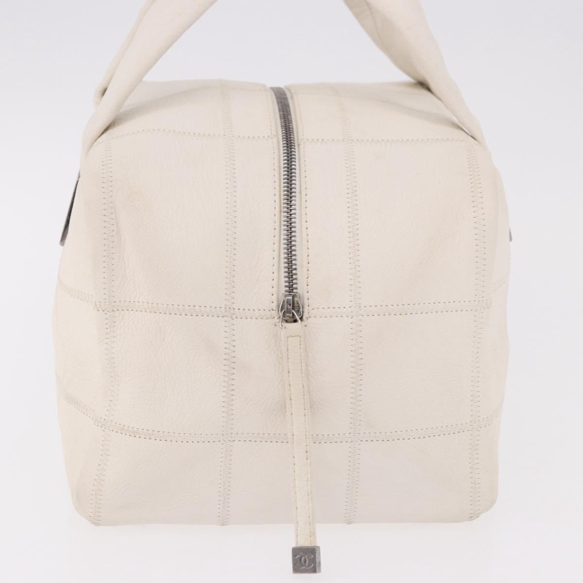 CHANEL Choco Bar Hand Bag Lamb Skin White Silver CC Auth 183371A