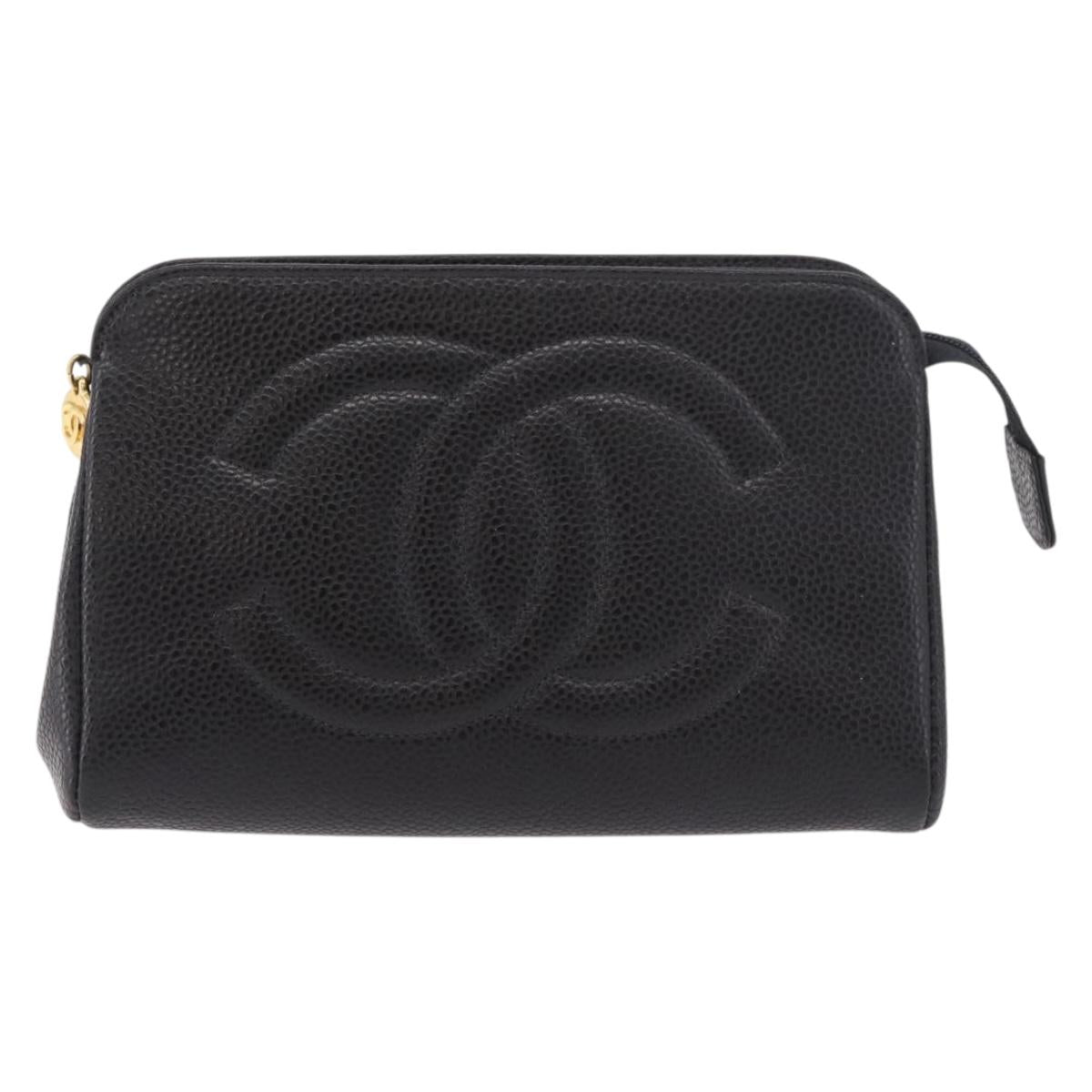 CHANEL Pouch Caviar Skin Black Gold CC Auth 183391