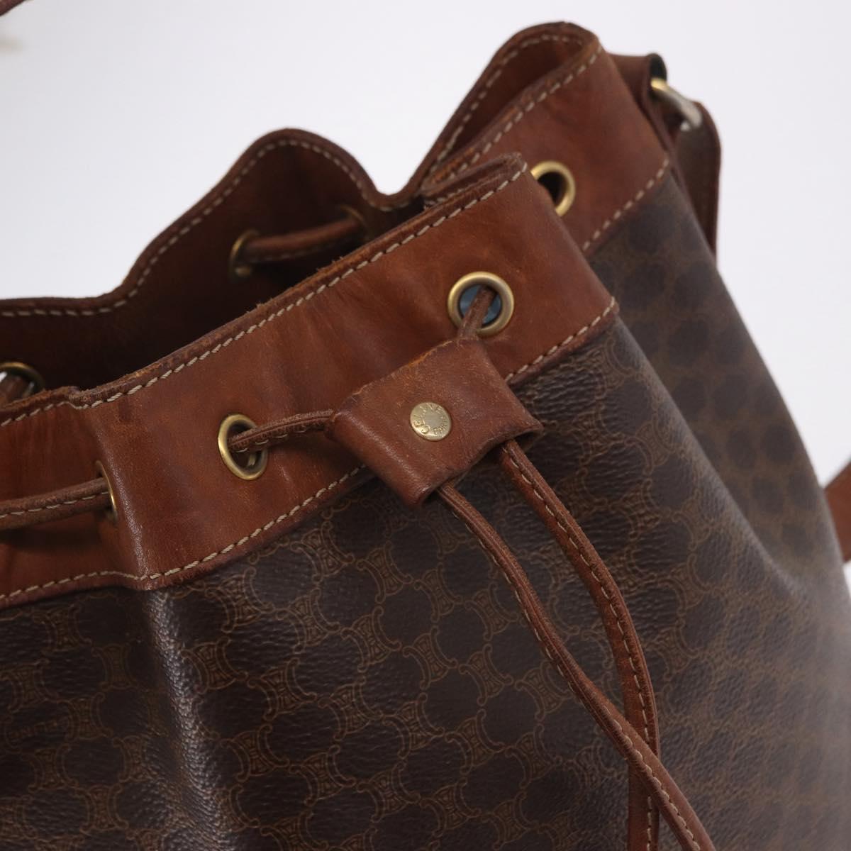CELINE Macadam Canvas Purse Shoulder Bag PVC Leather Brown Gold Auth 183403