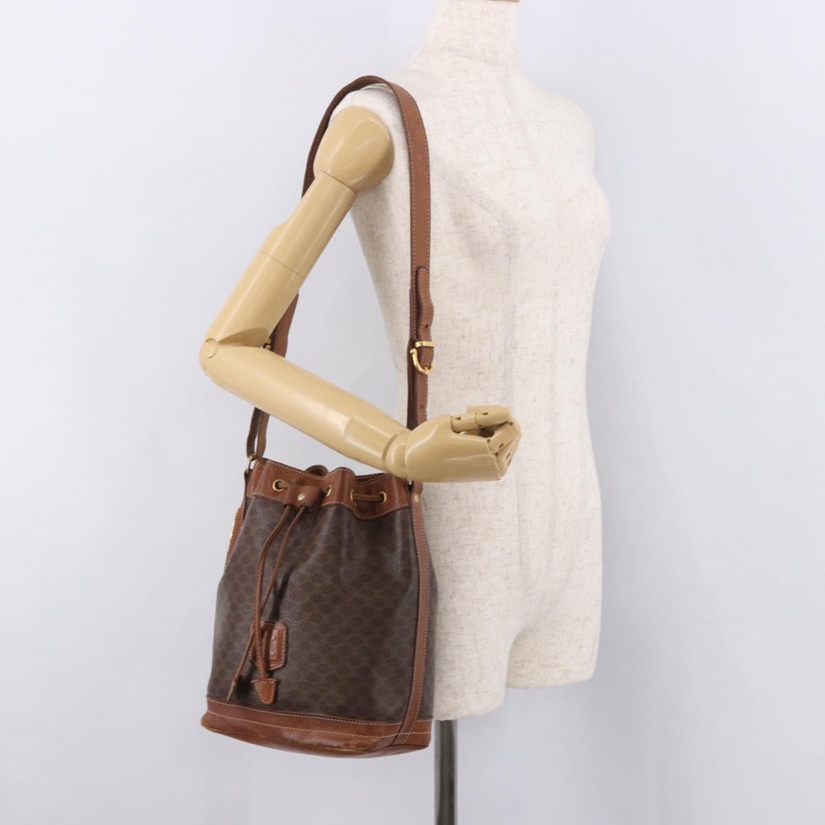 CELINE Macadam Canvas Purse Shoulder Bag PVC Leather Brown Gold Auth 183403