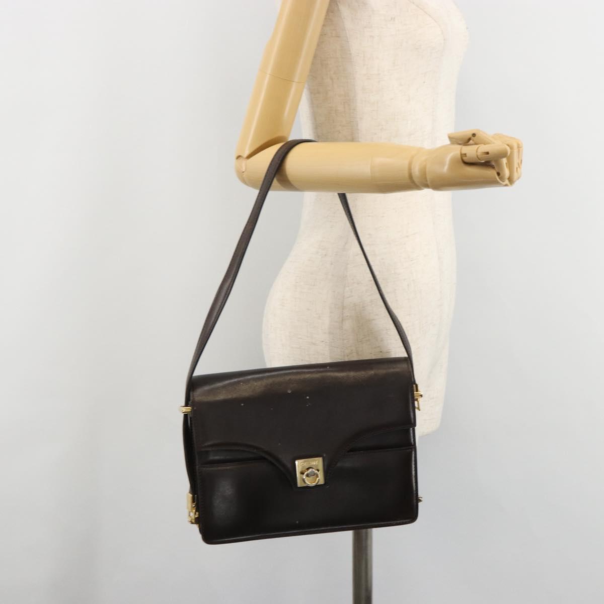 CELINE Shoulder Bag Leather Gold Brown Auth 183437