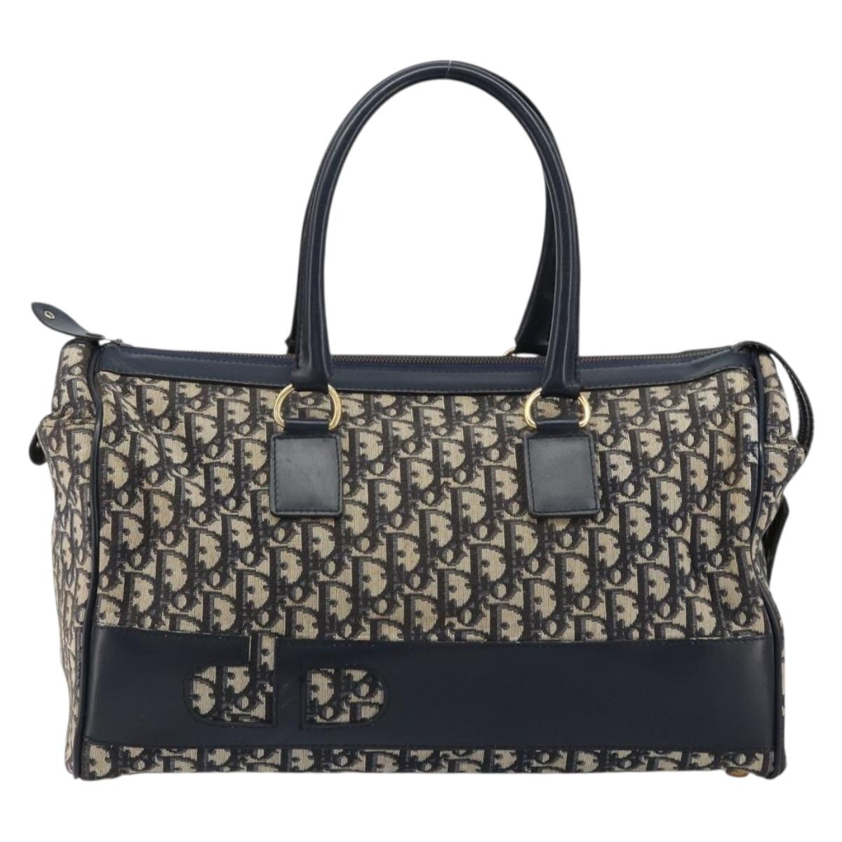 Christian Dior Trotter Canvas Boston Bag Navy Gold Auth 183441A