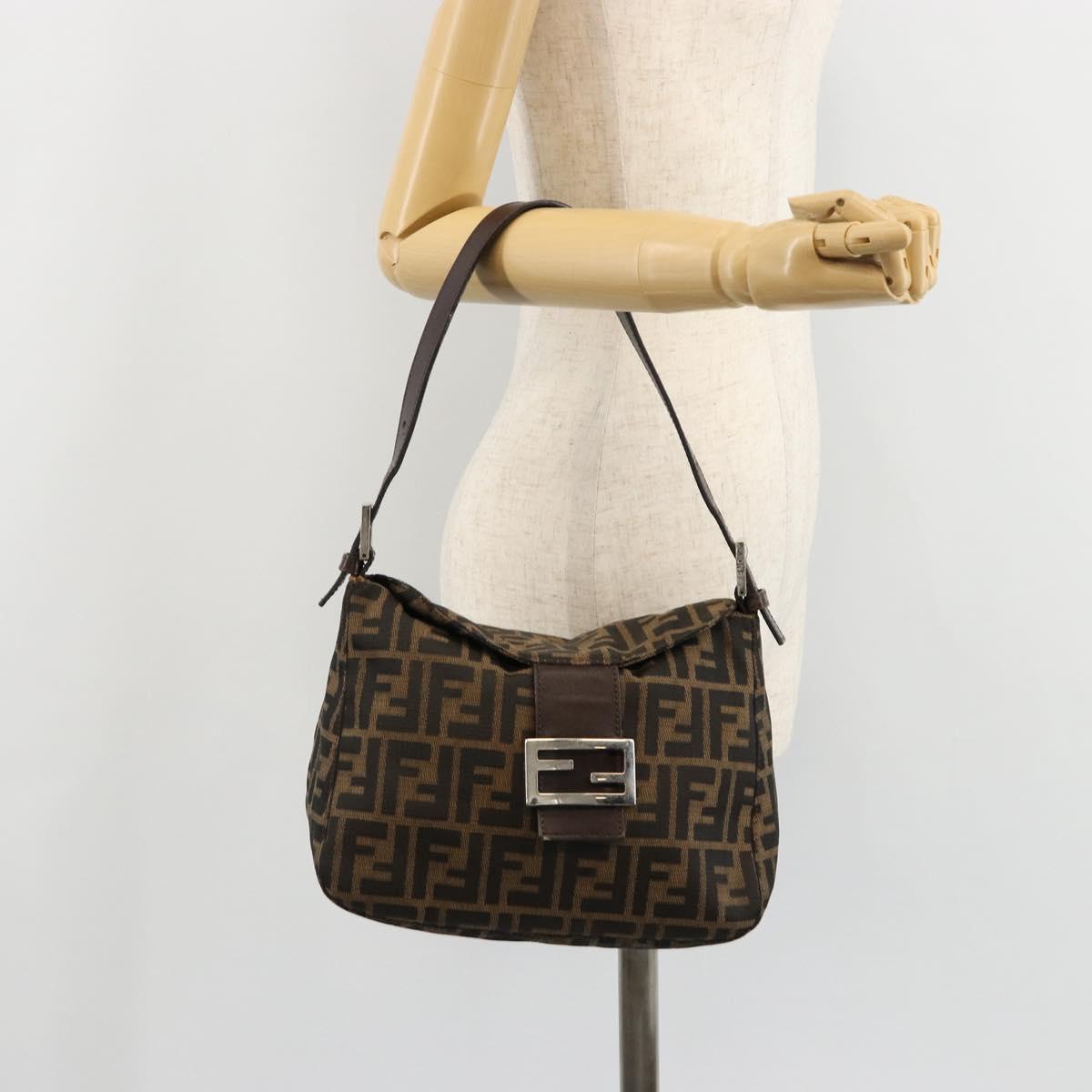 FENDI Zucca Canvas Mamma Baguette Shoulder Bag Black Brown Silver Auth 183462V