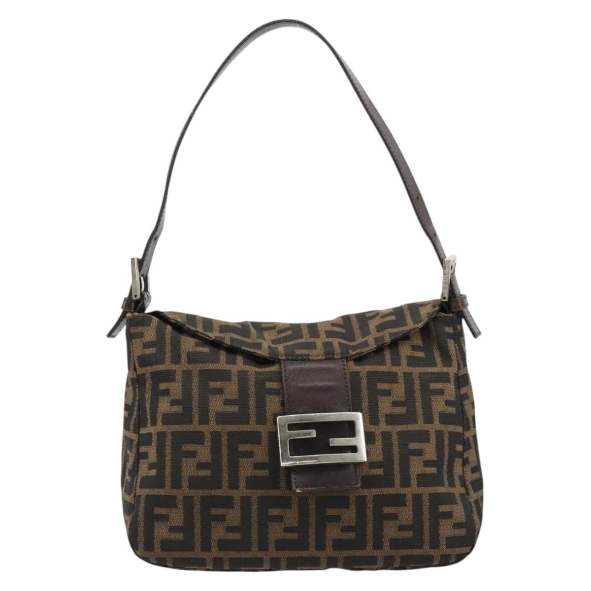 FENDI Zucca Canvas Mamma Baguette Shoulder Bag Black Brown Silver Auth 183462V