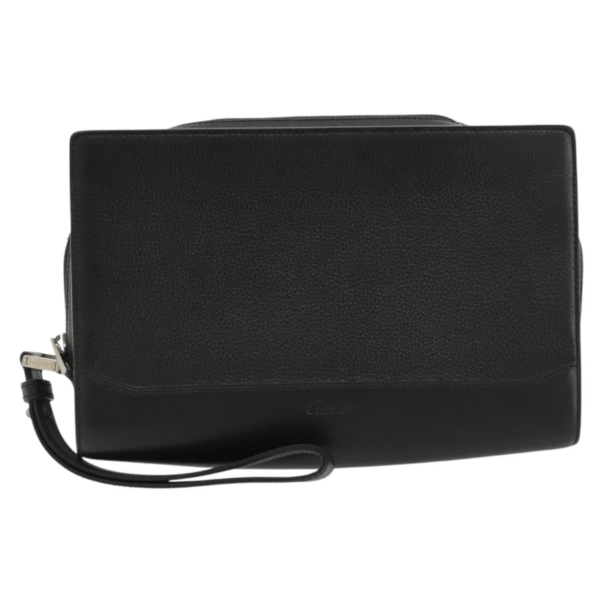 CARTIER Clutch Bag Leather Black Silver Auth 183463A