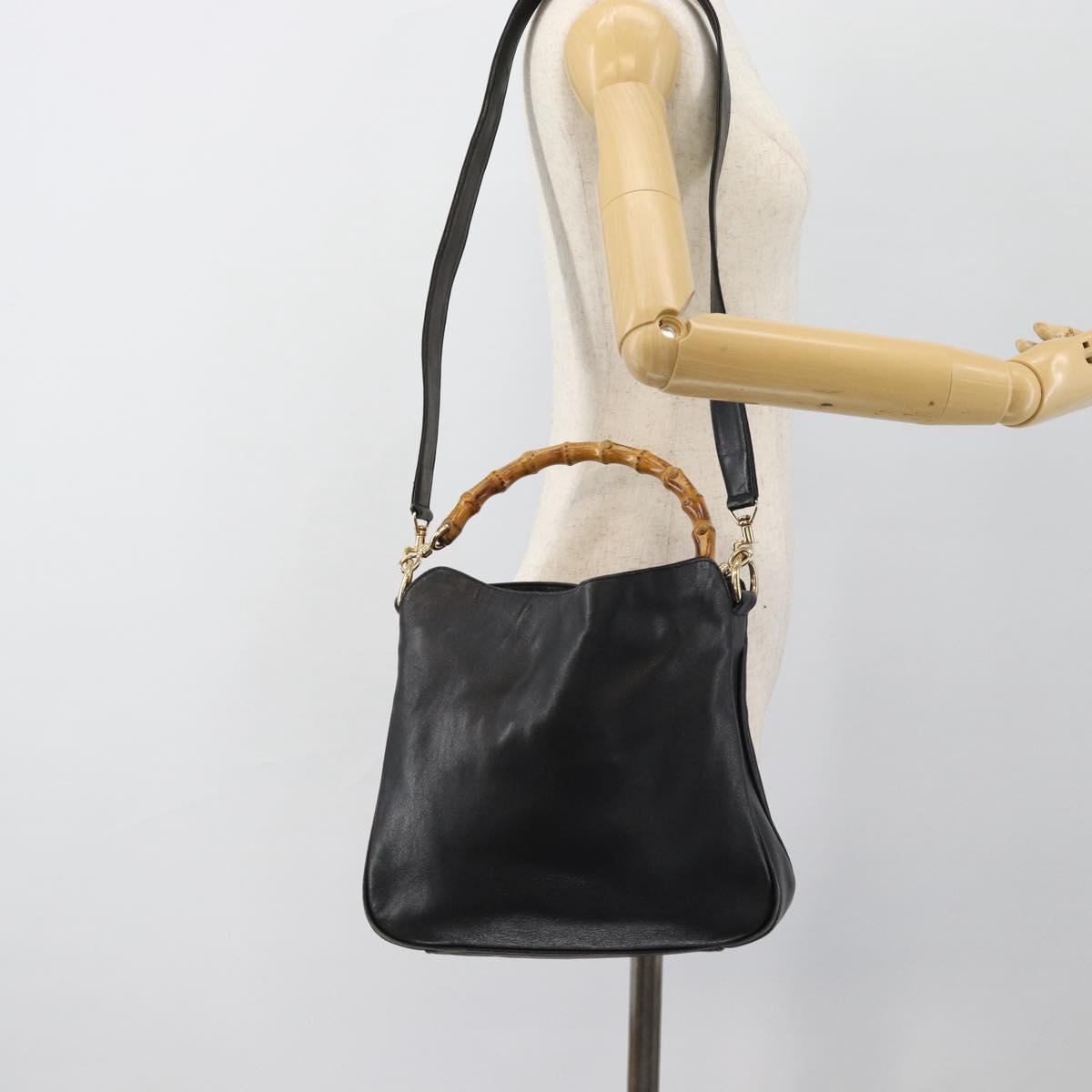 GUCCI Bamboo Shoulder Bag Leather 2way Black Gold 001 3754 1638 Auth 183478