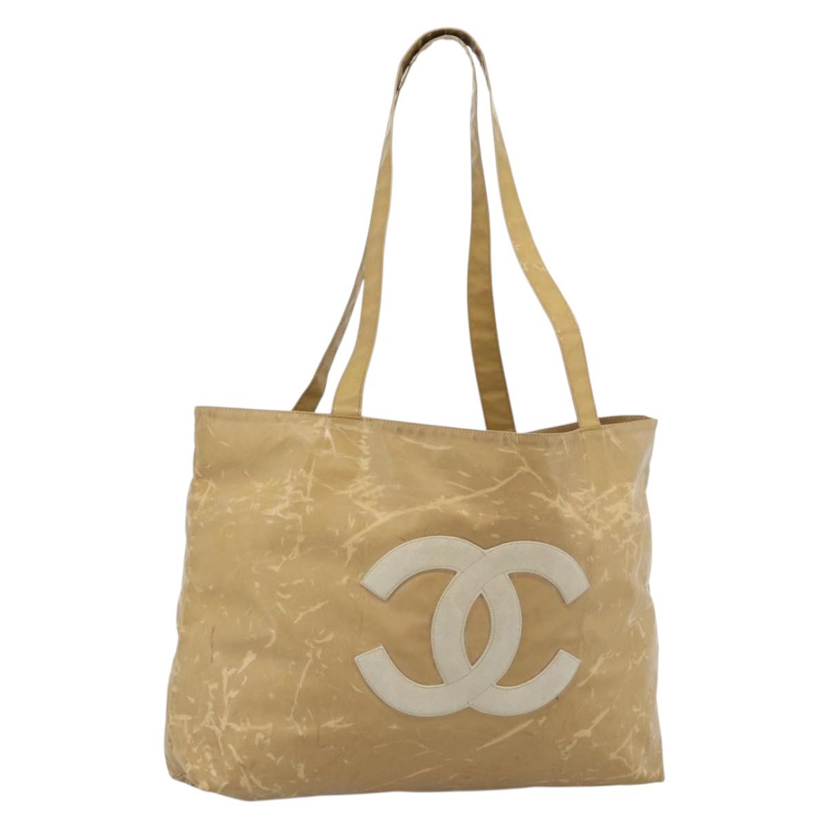 CHANEL Tote Bag Patent leather Beige CC Auth 183485