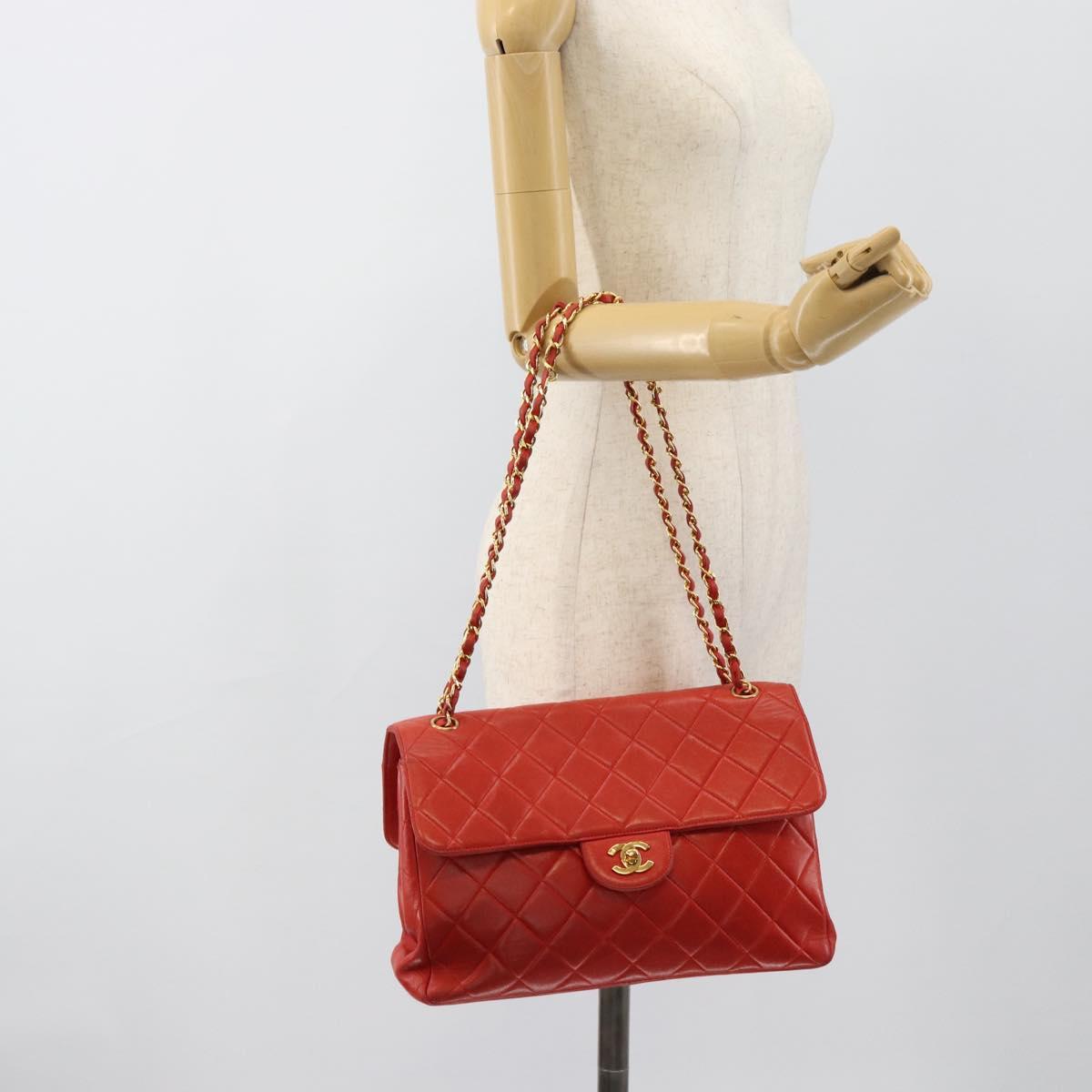 CHANEL Matelasse Double Face Chain Bag Lamb Skin Red Gold CC Auth 183486V