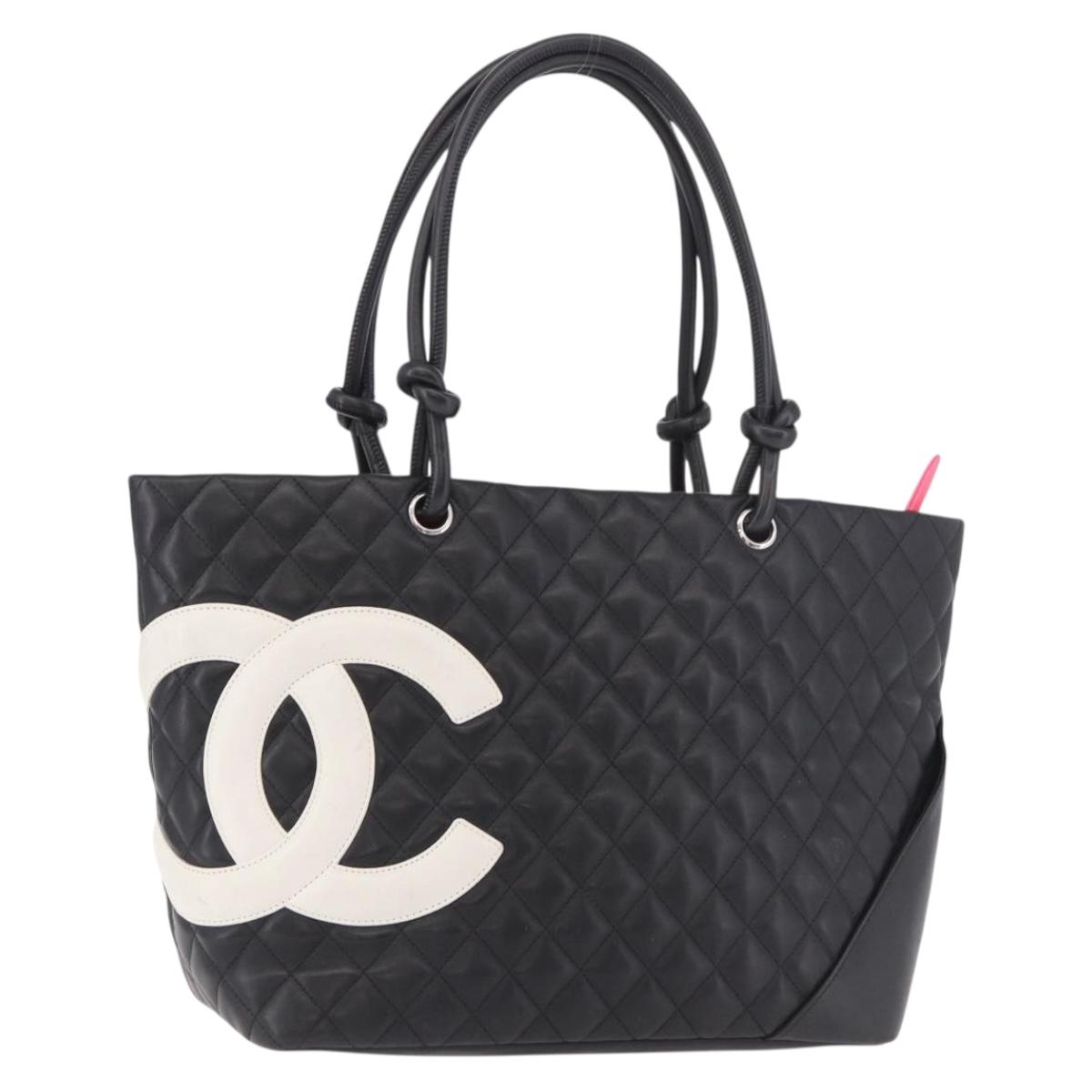 CHANEL Cambon Line Matelasse Tote Bag Leather Black Silver CC Auth 183487M