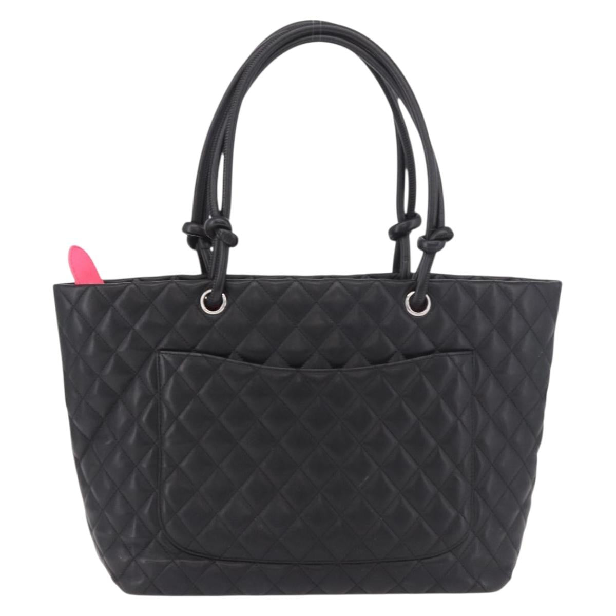 CHANEL Cambon Line Matelasse Tote Bag Leather Black Silver CC Auth 183487M