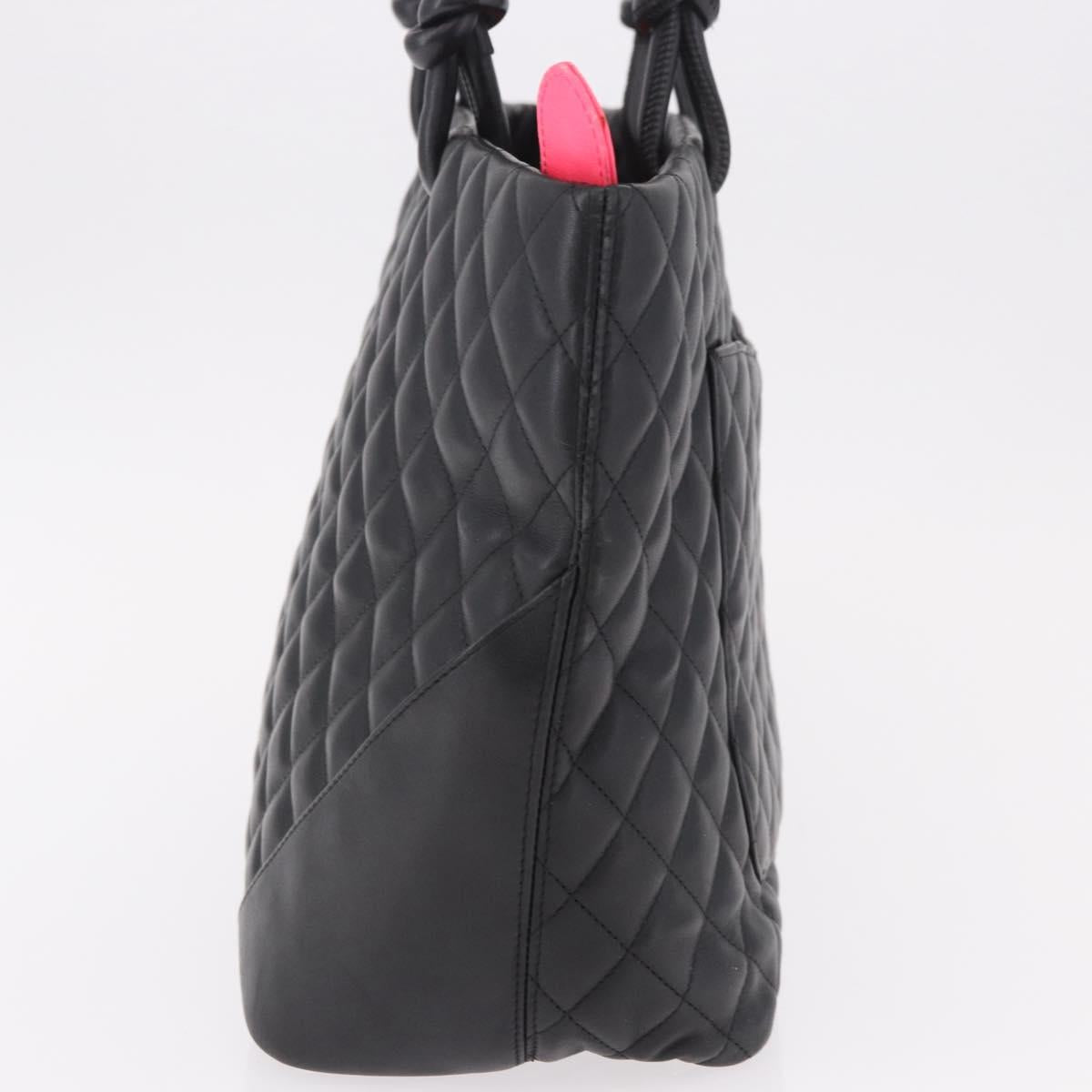CHANEL Cambon Line Matelasse Tote Bag Leather Black Silver CC Auth 183487M