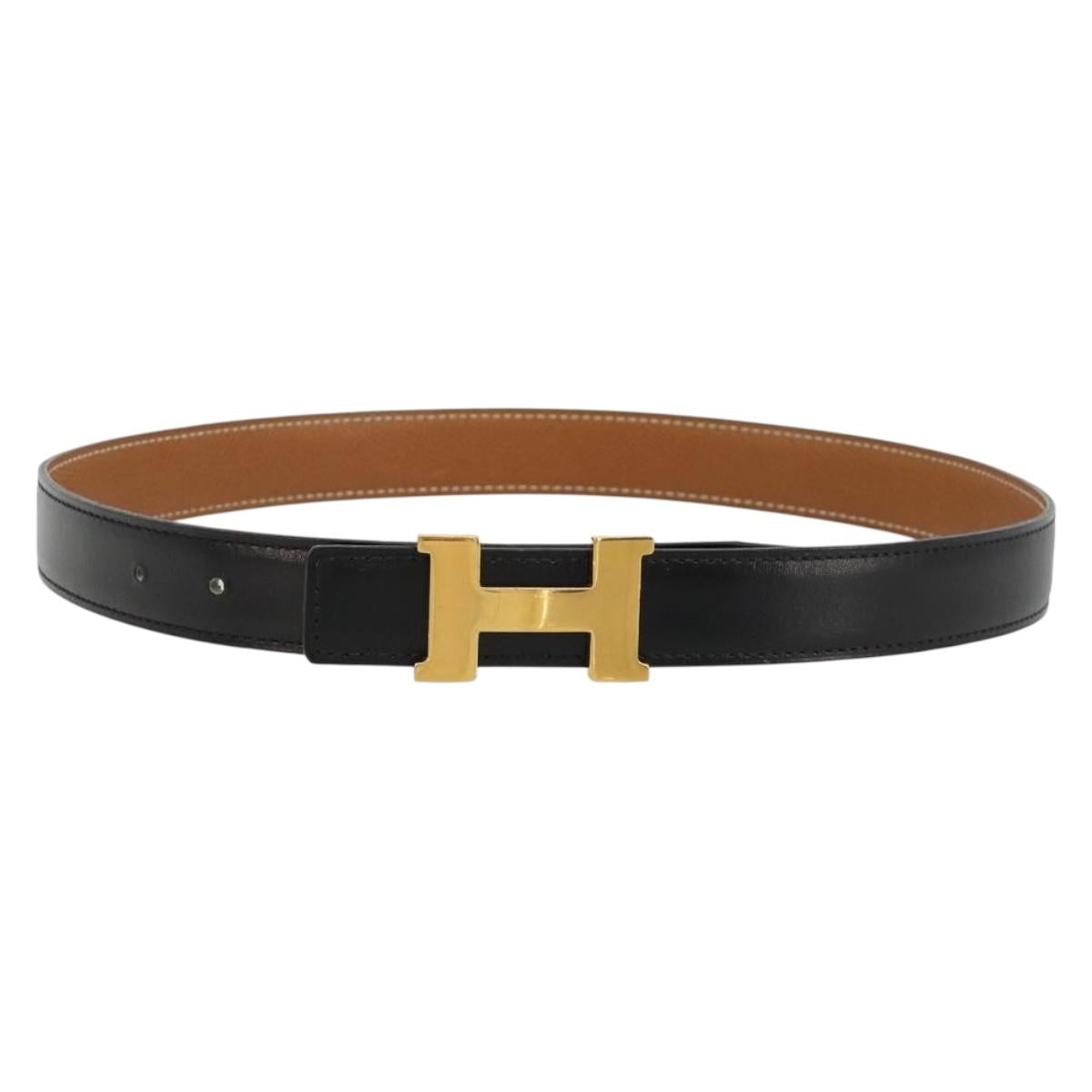 HERMES Constance H Belt Leather 33.5"" Black Gold Auth 183494