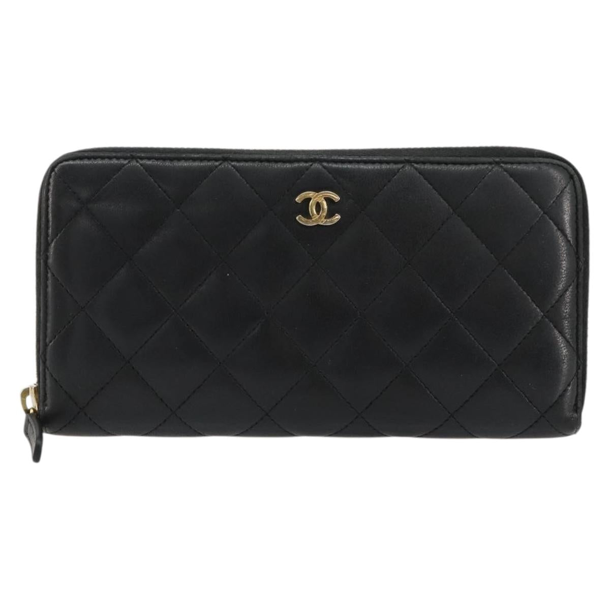 CHANEL Matelasse Long Wallet Lamb Skin Black Gold CC Auth 183495