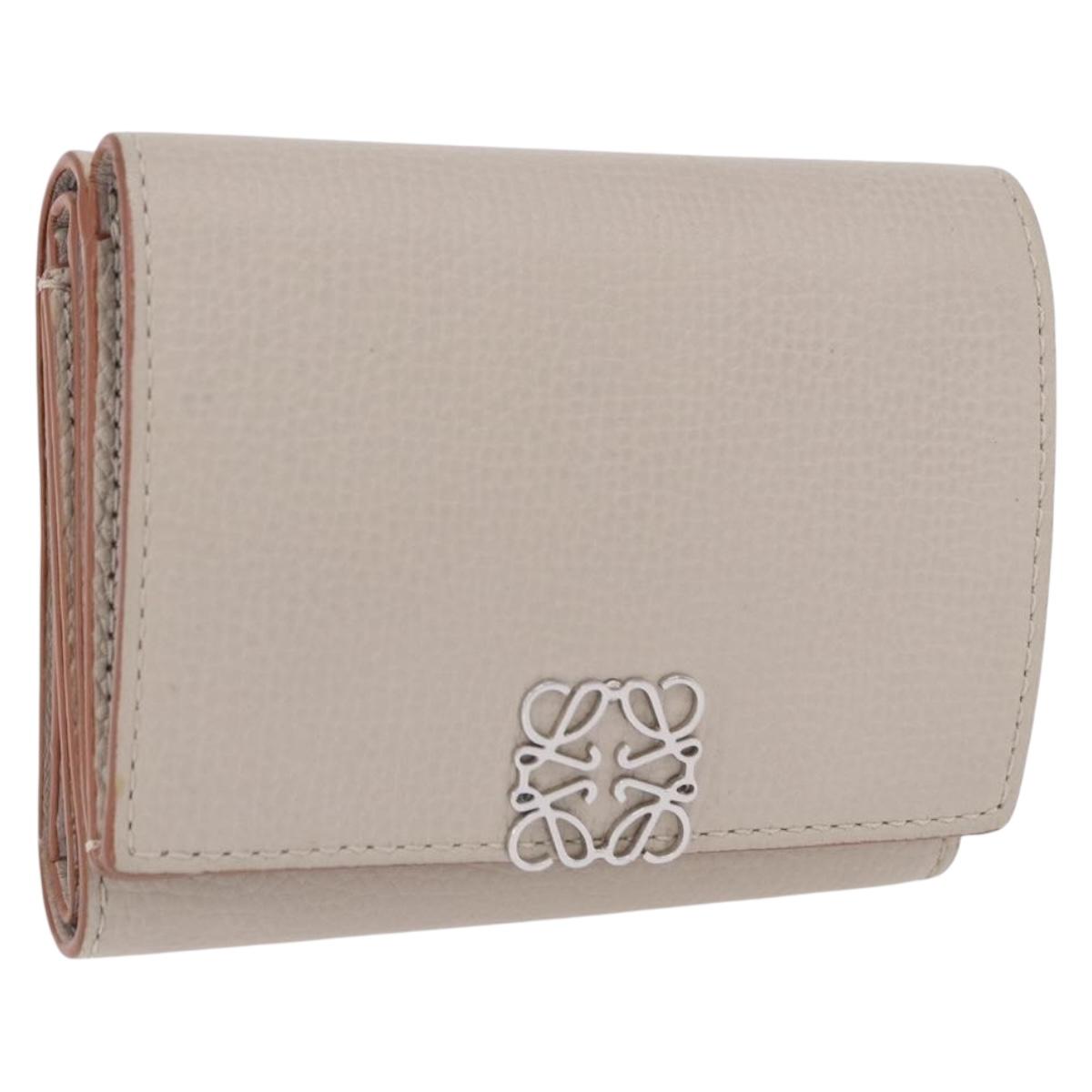 LOEWE Anagram Trifold Wallet Leather Ivory Silver Auth 183513A