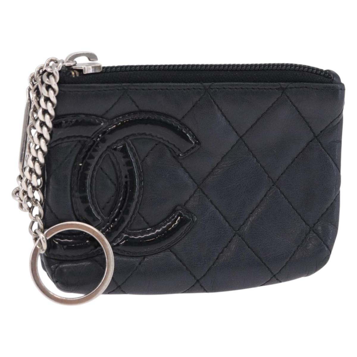 CHANEL Matelasse Cambon Line Coin Purse Leather Black Silver CC Auth 183520A
