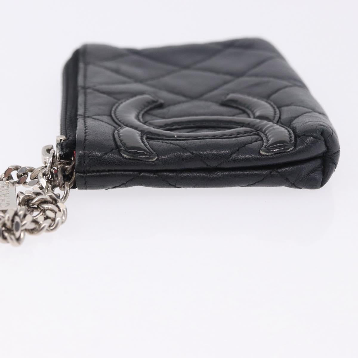 CHANEL Matelasse Cambon Line Coin Purse Leather Black Silver CC Auth 183520A