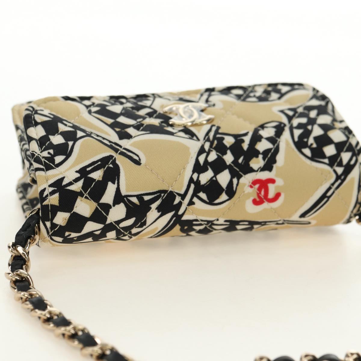 CHANEL Chain Shoulder Pouch Mini Matelasse Satin Beige Gold CC Auth 183621M