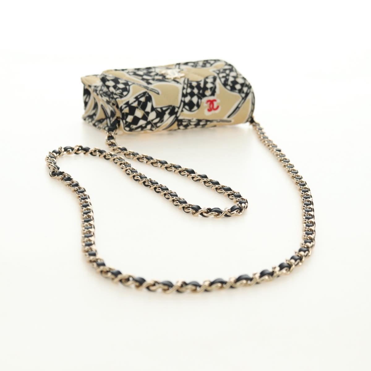 CHANEL Chain Shoulder Pouch Mini Matelasse Satin Beige Gold CC Auth 183621M
