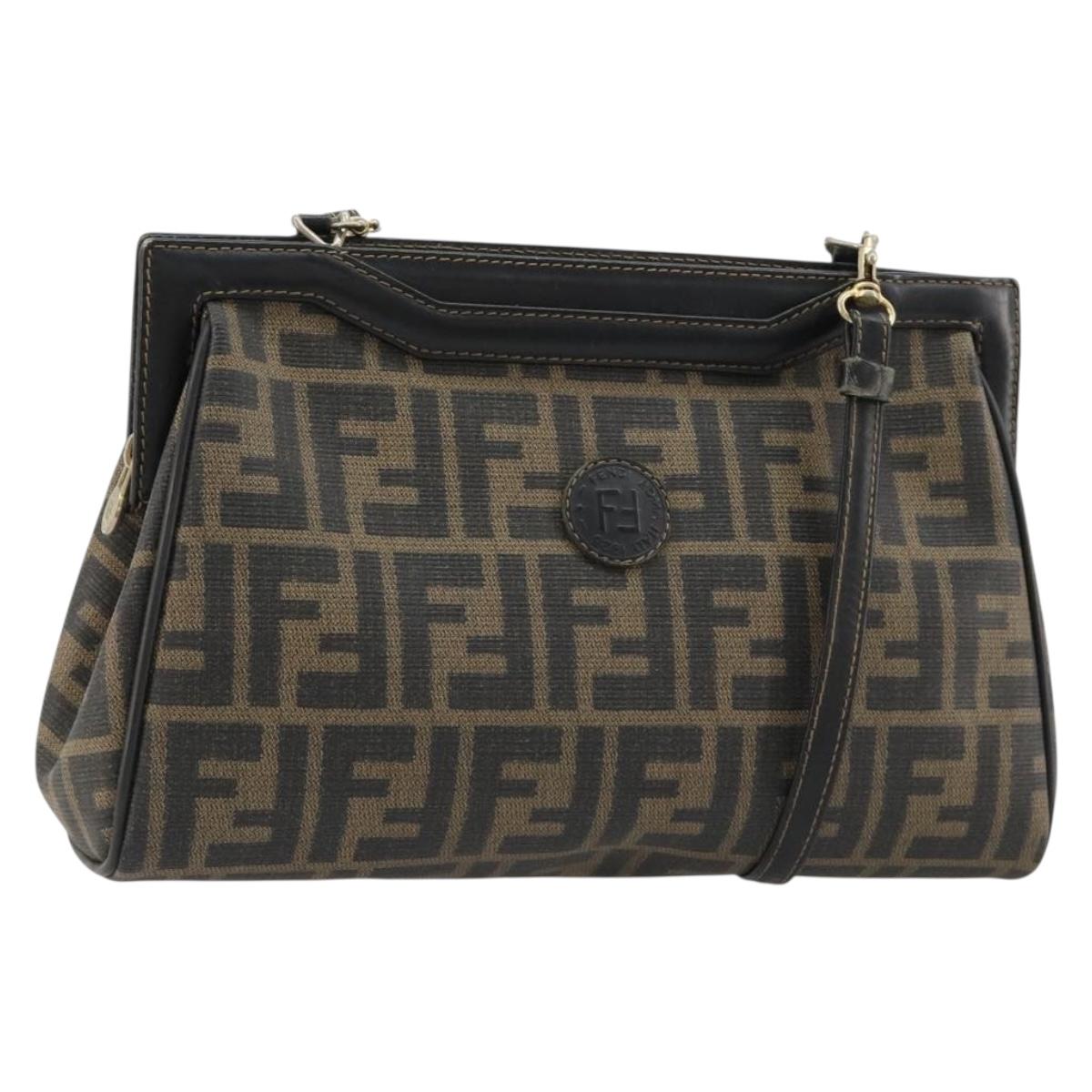 FENDI Zucca Canvas Shoulder Bag PVC Black Brown Auth 183623A